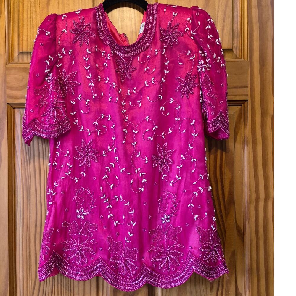 Vtg 80s Pink Silk Beaded Sequin and beaded top Women size MED